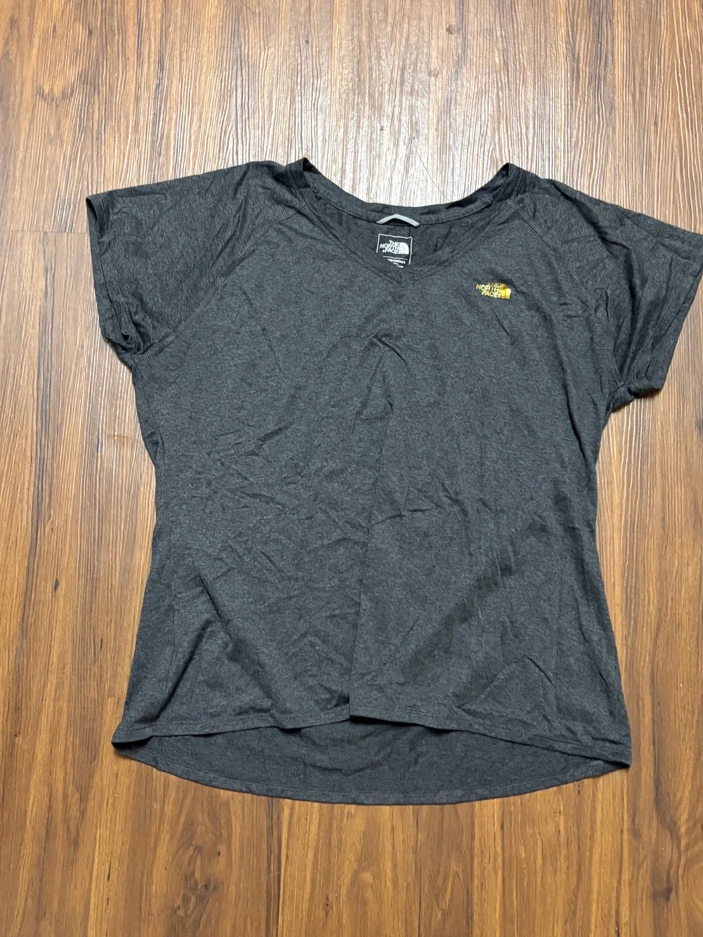 The North Face Women's Short-Sleeve Crew Tee in Charcoal with Yellow Logo - Picture 2 of 5